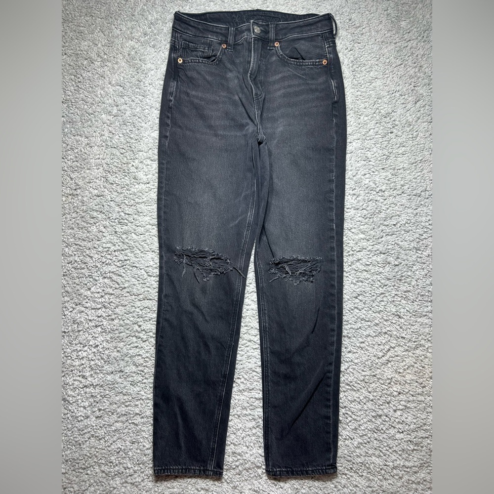 American Eagle Jeans Womens 4 Mom Jean Strigid Black Stretch Distresed Knee Hole